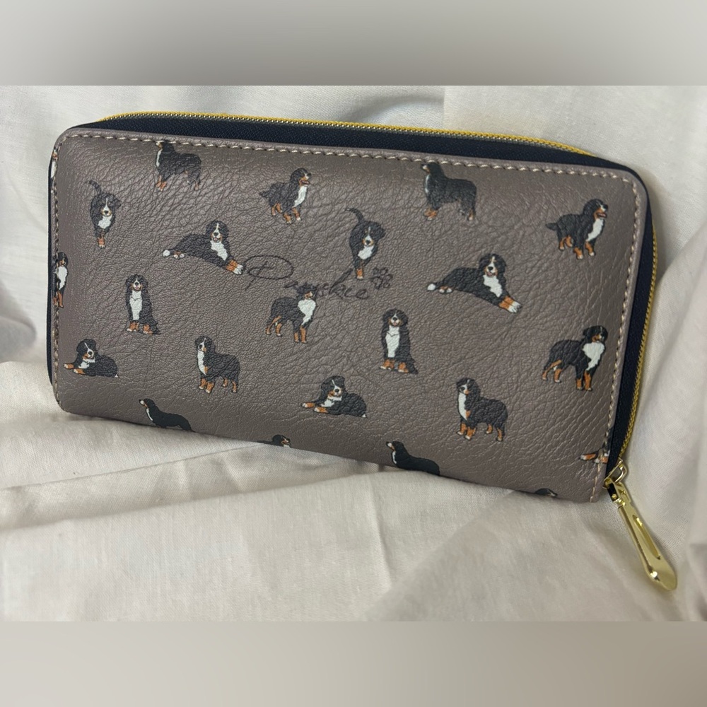 PAWSKIE Tan and Black Dog Design Zippered Wallet Clutch EUC Gold Hardware - Picture 2 of 11